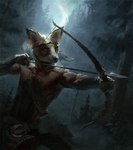 anthro arrow_(weapon) biped black_body black_fur black_nose bow_(weapon) brown_body brown_fur clothed clothing detailed_background forest fur green_eyes holding_object holding_weapon male night outside plant ranged_weapon sky solo topless tree weapon nomax canid canine fox mammal 2017 digital_media_(artwork) hi_res