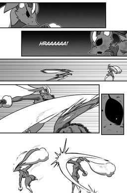 ambiguous_feral ambiguous_gender anthro biped black_sclera breasts bunny_costume clothed clothed_feral clothing costume duo featureless_breasts female female_anthro feral fight kick punch quadruped text wounded yelling cuchuflin nintendo pokemon arthropod generation_4_pokemon generation_5_pokemon lopunny myriapod pokemon_(species) scolipede 2026 absurd_res comic digital_drawing_(artwork) digital_media_(artwork) english_text greyscale hi_res monochrome male_(lore)