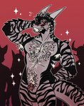 animal_genitalia annoyed anthro armpit_hair armpit_tuft blush blushing_at_viewer body_hair facial_scar feathers genitals half-erect horn looking_at_viewer male multicolored_body muscular muscular_anthro muscular_male nude orange_eyes pecs penis pubes scales scar solo striped_body stripes tail teeth two_tone_body bra1nana bethesda_game_studios microsoft the_elder_scrolls scales-like-ash argonian lizard reptile scalie digital_media_(artwork) half-length_portrait hi_res portrait
