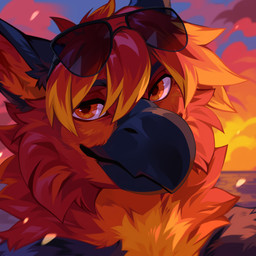 ambiguous_anthro ambiguous_gender anthro beak black_beak black_eyebrows blonde_hair cheek_tuft cloud eyebrows eyewear eyewear_on_head facial_tuft front_view fur glasses glistening glistening_eyes hair looking_at_viewer mouth_closed multicolored_hair neck_tuft orange_body orange_eyes orange_fur orange_hair outside red_body red_fur red_hair solo sunglasses sunglasses_on_head tinted_glasses tuft wearing_sunglasses corzh77 mythology avian gryphon mythological_avian mythological_creature 1:1 hi_res