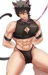 abs biped black_hair blue_eyes bulge clothed clothing collar eyebrows hair heterochromia human_and_animal_ears leash leashed_collar male multi_ear muscular muscular_humanoid muscular_male pecs piercing simple_background solo tail tongue tongue_out tongue_piercing white_background nemuimori animal_humanoid cat_humanoid felid felid_humanoid feline feline_humanoid humanoid mammal mammal_humanoid tailed_humanoid absurd_res hi_res