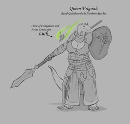 4_toes ambiguous_gender anthro armor barefoot big_breasts biped breasts claws cleavage clothed clothing crown dewclaw digitigrade duo feathered_wings feathers feet female feral fingers flying front_view fully_clothed grey_background headgear holding_melee_weapon holding_object holding_polearm holding_shield holding_spear holding_weapon larger_anthro larger_female looking_forward magic mane melee_weapon mouth_closed non-mammal_breasts polearm scuted_feet scutes shield simple_background size_difference slightly_chubby slightly_chubby_anthro slightly_chubby_female smaller_ambiguous smaller_feral snaggle_teeth snout spear spread_wings standing tail tapering_tail text tiara toe_claws toes weapon wings jadedragoness vrigirah_(gorgilisk) allosaurid allosauroid allosaurus avian bird dinosaur prehistoric_species reptile saurischian scalie theropod 2018 character_name digital_media_(artwork) digital_painting_(artwork) english_text full-length_portrait greyscale hi_res monochrome painting_(artwork) portrait