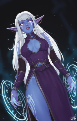 5_fingers blue_body breasts clothed clothed_female clothed_humanoid clothing female female_humanoid fingers front_view hair looking_at_viewer not_furry solo standing white_hair personalami blizzard_entertainment warcraft elf humanoid nightborne 2025 digital_drawing_(artwork) digital_media_(artwork) hi_res