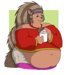 2020 5_fingers accessory anthro belly belly_overhang bent_arm beverage big_belly bottomwear brown_body brown_fur brown_hair brown_nose closed_smile clothed clothed_anthro clothed_female clothing colored container cup digital_drawing_(artwork) digital_media_(artwork) female female_anthro fingers fur green_eyes hair headband hi_res holding_beverage holding_container holding_cup holding_marshmallow holding_mug holding_object leggings legwear long_hair mammal mouth_closed mug navel obese obese_anthro obese_female overweight overweight_anthro overweight_female pink_tongue pockets porcupine purple_clothing purple_headband purple_leggings purple_legwear quills_(anatomy) red_clothing red_shirt red_topwear rodent shaded shirt shorts simple_background simple_shading smile solo standing tan_bottomwear tan_clothing tan_shorts theannoyingnpc thick_thighs thin_eyebrows tiffany_loan tongue tongue_out topwear wide_hips