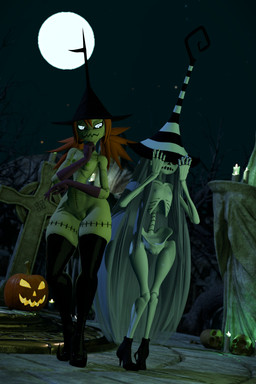 black_clothing bone boots breasts candle cemetery clothing covering covering_eyes covering_face doll dress duo embarrassed female flat_chested footwear genitals gloves green_body hair half-closed_eyes hand_on_chin handwear hat headgear headwear high_heeled_boots high_heels jack-o'-lantern legwear long_hair looking_at_another magic_user mostly_nude narrowed_eyes nipples pose red_eyes red_hair rib_cage seam_(sewing) shoes skeleton skull small_breasts smile stockings twintails_(hairstyle) vulva white_body white_eyes white_hair wide_hips witch witch_hat lorded sumsnermin_(modeler) karaka_(merafume) kidunadoll animate_inanimate animated_skeleton humanoid living_doll undead 3d_(artwork) absurd_res digital_media_(artwork) hi_res