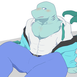 anthro bare_chest blush clothed clothing fallen_over male muscular muscular_anthro muscular_male on_ground open_clothing open_shirt open_topwear shirt solo topwear dandan_(artist) utau laru_mine aquatic fish shark 1:1 hi_res
