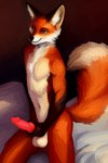 animal_genitalia animal_penis anthro balls bed blue_eyes canine_genitalia canine_penis erection fur furniture genitals holding_penis inside kneeling knot male male_anthro navel nude on_bed orange_body orange_fur penile penis sitting sitting_on_bed smile solo tail sylo canid canine fox mammal red_fox true_fox 2022 2:3 digital_media_(artwork) hi_res