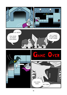 anthro cloak clothing dialogue dungeon duo emanata floppy_ears game_over gameplay_mechanics head_tuft male melee_weapon purple_cloak purple_clothing solo spots sword text tuft weapon whispering young young_anthro young_male minishadefox nintendo nintendo_switch elliot_vance nico_florence bat canid canine canis domestic_dog humanoid mammal absurd_res black_and_white comic english_text hi_res monochrome cousins_(lore)