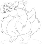 after_vore ambiguous_gender anthro bedroom_eyes belly big_belly big_butt blorp bodily_noises butt butt_expansion butt_grab dialogue different_sound_effects digestion digestion_noises expansion extended_sound_effect fatal_vore hand_on_butt huge_butt looking_back morbidly_obese narrowed_eyes obese on_one_leg onomatopoeia overweight raised_leg raised_tail rumbling_stomach seductive solo sound_effect_variant sound_effects speech_bubble standing tail talking_to_another talking_to_prey text tongue tongue_out vore wide_hips min_(artist) mario_bros nintendo village_leader_yoshi scalie yoshi 1:1 english_text hi_res monochrome