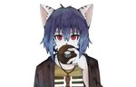 anthro black_nose blue_hair blue_stripes brown_clothing brown_coat brown_topwear clothed clothing coat dessert doughnut food fur hair holding_food holding_object jewelry kemono looking_at_viewer male necklace open_clothing open_coat open_topwear pastry pattern_clothing pattern_shirt pattern_topwear red_eyes shirt simple_background solo stripes topwear white_background white_body white_fur fermata_suzuka vtuber io_ninose domestic_cat felid feline felis mammal 2020 hi_res