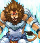 anthro armor big_muscles breastplate brown_hair brown_nose ear_piercing facial_scar fight front_view fur hair male muscular muscular_anthro muscular_male open_mouth orange_body orange_fur piercing plate_armor scar sharp_teeth solo tail tail_tuft teeth tongue tuft rpbbw hexyz_force griek felid lion mammal pantherine 2009