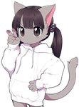 anthro clothed clothing female gesture hand_gesture handpaw hoodie kemono noseless oversized_clothing oversized_hoodie oversized_topwear paws pigtails simple_background solo tail topwear v_sign white_background white_clothing white_hoodie white_topwear young young_anthro young_female 3yo4yo5yo hiraragi_akane domestic_cat felid feline felis mammal colored portrait three-quarter_portrait