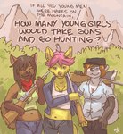 anthro bottomwear breasts cleavage clothed clothing crop_top denim denim_bottomwear denim_clothing female group gun jeans kerchief lyrics neckerchief neckwear outside pants ranged_weapon shirt shotgun topwear trio weapon artdecade