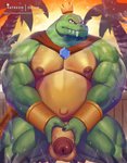 anthro balls barazoku belly biceps big_belly big_body bodily_fluids bracelet cape clenched_teeth clothing crocodilian crown donkey_kong_(series) dsharp_k erection gem genitals green_body headgear hi_res holding_penis humanoid_genitalia humanoid_penis jewelry king_k._rool kremling looking_at_viewer male musclegut muscular muscular_anthro muscular_legs muscular_male navel nintendo nipples non-mammal_balls overweight overweight_anthro overweight_male patreon patreon_logo pecs penis reptile scalie slightly_chubby slightly_chubby_male solo sweat teeth text thick_thighs url vein veiny_muscles veiny_penis white_belly