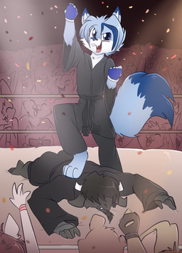 2_horns anthro beard biped black_beard black_clothing black_facial_hair black_hair black_markings black_nose blue_body blue_clothing blue_eyes blue_fur blue_gloves blue_handwear clothed clothing crowd digitigrade dipstick_ears dipstick_tail duo_focus ear_markings facial_hair fighting_ring fingerless_gloves fluffy fluffy_tail fur gloves group hair hair_over_eyes handwear hooves horn looking_at_viewer male markings multicolored_ears open_mouth short_hair step_pose tail tail_markings teeth tongue unguligrade fuf rush_the_wolf bovid bovine canid canine canis cattle mammal wolf 2019 hi_res