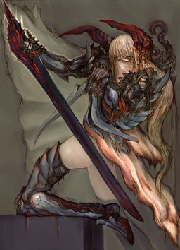 armor blonde_hair bottomless bottomwear butt cape clothed clothing convenient_censorship dagger denim denim_bottomwear denim_clothing denim_shorts female green_eyes hair hook horn long_hair looking_at_viewer looking_back mask melee_weapon not_furry rock shorts solo sword weapon white_body white_skin shadowthorn demon