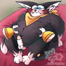 anthro bed belly belly_grab belt big_belly blue_eyes blush bracelet disembodied_hand duo embarrassed erection fluffy furniture genitals handkerchief jewelry kerchief leaning leaning_backward male mask navel obese overweight penis shortstack sitting thick_thighs whiskers justwatchingthings atlus megami_tensei persona_(series) persona_5 sega morgana_(persona) tochi_(justwatchingthings) 1:1 hi_res