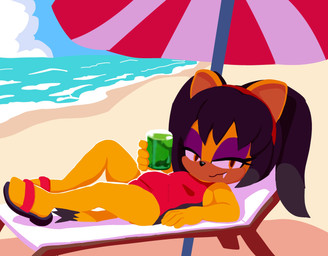 anthro beach beach_umbrella belly beverage black_hair black_nose breasts chair clothing cloud container cup detailed_background eyelashes eyeshadow fangs featureless_feet feet female footwear furniture hair half-closed_eyes hidden_character holding_beverage holding_container holding_cup holding_object looking_at_viewer lying makeup mouth_closed narrowed_eyes on_back one-piece_swimsuit overweight overweight_anthro overweight_female parasol purple_eyeshadow red_hairband sand sandals sea shoes side_view small_breasts snaggle_tooth solo swimwear teeth twintails_(hairstyle) water yellow_eyes parukoenjoyer sega sonic_the_fighters sonic_the_hedgehog_(series) honey_the_cat domestic_cat felid feline felis mammal 2026 absurd_res hi_res widescreen