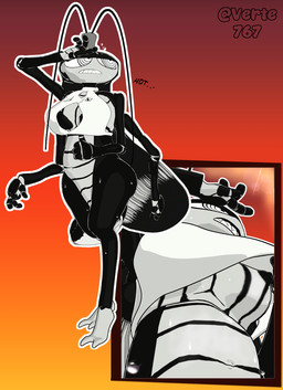 antennae_(anatomy) belly big_breasts big_eyes big_tights black_body bodily_fluids bra bra_pull breasts clothing clothing_pull feet female first_person_view genitals hair larger_female mmulti_limb nipples nude shark_teeth sharp_teeth size_difference slightly_chubby solo summer sweat sweatdrop teeth under_boob underwear underwear_pull verelo versus_(manga) roya_roach animal_humanoid arthropod arthropod_humanoid blattodean cockroach cockroach_humanoid humanoid insect insect_humanoid hi_res