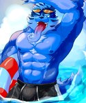 abs anthro blue_body blue_eyes blue_fur bottomwear clothing eyewear fur long_tongue male muscular muscular_anthro muscular_male nipples one_eye_closed partially_submerged pecs shirtless shorts solo sunglasses swim_ring tongue wink kesigomu_kemo lifewonders tokyo_afterschool_summoners tindalos_(tas) canid canine canis mammal wolf hi_res