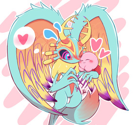 affectionate ambiguous/ambiguous ambiguous_anthro ambiguous_gender anthro antlers biped black_sclera blush blush_lines blush_stickers bodily_fluids carrying_another chest_tuft closed_smile colored_nails countershading digitigrade dipstick_tail duo eyes_closed fingernails fluffy fluffy_tail flying_sweatdrops fur glistening glistening_body glistening_fur head_wings heart_symbol horn huge_wings larger_ambiguous larger_anthro looking_at_another looking_at_partner markings mouth_closed mouthless multicolored_body multicolored_eyes multicolored_fur nails neck_tuft nuzzling one_eye_closed orange_body orange_fur outline pink_body pink_eyes pupils purple_fingernails purple_nails red_body simple_background size_difference smaller_ambiguous smile sweat sweatdrop tail tail_markings tan_body tan_fur teal_body teal_eyes teal_fur thought_bubble tuft unusual_wing_placement white_background white_outline wings sanntappe kirby_(series) kirby_and_the_forgotten_land nintendo fecto_elfilis kirby alien chinchilla chinchillid mammal rodent starling_(kirby) waddling_head 2022 digital_drawing_(artwork) digital_media_(artwork) hi_res japanese_description signature