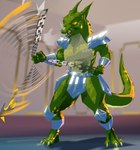 anthro armor bokeh chain facial_horn glistening glistening_body green_body green_skin horn kunai male muscular nose_horn solo spinning standing tail weapon greenpolygon mythology yu-gi-oh! garoozis dragon duel_monster mythological_creature mythological_scalie scalie hi_res