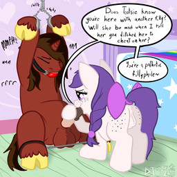 age_difference ball_gag balls bdsm bed bedroom bondage bound cheat cloven_hooves cuff_(restraint) dominant dominant_female dominant_female_submissive_female dominant_young fellatio female furniture gag genitals handcuffs hooves horn metal_cuffs oral penile penis raised_tail restraints sex spreader_bar submissive tail text vulva young di-fl hasbro my_little_pony mythology penpad_(di-fl) buffalo equid equine hybrid mammal mythological_creature mythological_equine unicorn 1:1 english_text hi_res trans_(lore) trans_woman_(lore)