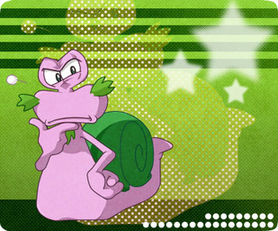 anthro facial_hair goatee green_shell looking_at_viewer male mature_anthro mature_male pattern_background purple_body shell simple_background solo star thinking_pose y2k_(graphic_design) kouhakugohan kirby:_right_back_at_ya! kirby_(series) nintendo escargoon gastropod mollusk snail low_res screentone