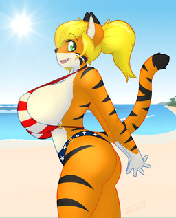 anthro beach big_breasts bikini breasts clothing day female hair huge_breasts ponytail seaside smile solo sun swimwear two-piece_swimsuit tabykat tabytha_starling felid mammal pantherine tiger absurd_res hi_res