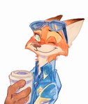 anthro cheek_tuft clothed clothing container cup eyewear facial_tuft fur green_eyes holding_container holding_cup holding_object looking_at_viewer male neck_tuft necktie one_eye_closed orange_body orange_fur shirt simple_background smile solo sunglasses topwear tuft white_background wink strawberry628_(artist) disney zootopia nick_wilde canid canine fox mammal red_fox true_fox 2020 painting_(artwork) traditional_media_(artwork) traditional_painting_(artwork) traditional_watercolor_(artwork) watercolor_(artwork)