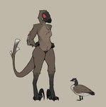 ambiguous_gender anthro barely_visible_genitalia barely_visible_pussy beak breasts brown_body brown_feathers claws duo feathered_arms feathered_breasts feathered_tail feathers female feral genitals glare nude pussy red_eyes red_sclera simple_background tail tail_feathers zagz stevie_(zagz) anatid anseriform anserinae avian bird canada_goose dinosaur dromaeosaurid feathered_dinosaur feathered_scalie goose prehistoric_species reptile scalie theropod utahraptor colored full-length_portrait hi_res portrait