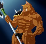 abs anthro biceps black_clothing bulge clothed clothing fur holding_object holding_weapon looking_at_viewer male muscular muscular_anthro muscular_male nipples pecs shoulder_guard solo tusks weapon broken_(artist) mammal suid suina sus_(pig) wild_boar absurd_res hi_res