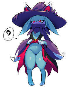 3_fingers 3_toes ambiguous_gender anthro big_hat biped black_clothing black_dress black_nose blue_body blue_fur clothed clothing clothing_lift covered_mouth digitigrade dipstick_ears dress dress_lift ear_markings featureless_crotch feet fingers front_view fur glistening glistening_body glistening_fur gloves_(marking) hat headgear headwear kemono looking_at_viewer markings multicolored_ears partially_clothed pupils purple_body purple_clothing purple_ears purple_fur purple_hat purple_headwear question_mark red_eyes red_inner_ear simple_background solo speech_bubble standing thick_thighs toes white_background white_body white_ear_tips white_ears white_fur witch_hat kinamamire palworld pocketpair felid feline katress mammal pal_(species) 2024 colored digital_media_(artwork) full-length_portrait hi_res portrait shaded