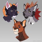 anthro blue_eyes group hair horn inner_ear_fluff looking_at_viewer male orange_body orange_scales scales smile trio tuft white_eyes yellow_eyes kira_larsson canid canine cougar felid feline mammal hi_res