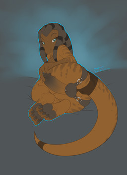 4_toes anthro anus backsack balls biped brown_body brown_scales bulge butt claws clothing dreadlocks erection eyelashes feet femboy genitals hair half-closed_eyes hindpaw holding_own_penis holding_penis humanoid_genitalia humanoid_penis leather looking_at_viewer lying male narrowed_eyes nude on_side pawpads paws penis pose presenting presenting_hindquarters scales soles solo tail teal_eyes tendrils thick_tail thong toe_claws toes underwear bonk hyndrim lizard reptile scalie 2013 absurd_res digital_media_(artwork) hi_res