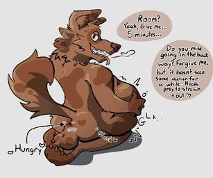 abdominal_bulge anthro anus backsack balls bared_fangs bared_teeth breath brown_body brown_fur butt claws dialogue directional_arrow duo fatal_vore fur genitals holding_belly imminent_anal_vore imminent_vore inviting looking_at_viewer male male/male markings musk neck_tuft onomatopoeia oral_vore paws presenting presenting_hindquarters raised_tail sound_effects speech_bubble spots spotted_markings tail talking_to_viewer teeth text toe_claws tongue tongue_out tuft vore freakyassfur canid canine canis domestic_dog mammal absurd_res english_text hi_res