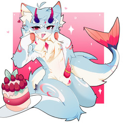2_horns accessory anthro arm_tuft balls beaded_jewelry beads bisexual_pride_colors blue_body blue_fur bodily_fluids cake casual_erection cheek_tuft cock_ring dessert dripping ear_piercing elbow_tuft erection facial_tuft fin fluffy fluffy_chest fluffy_tail food fruit fur fur_markings fuzzy genital_fluids genitals happy head_tuft heart_symbol horn inner_ear_fluff jewelry knee_tuft kneeling leg_tuft lgbt_pride looking_at_viewer male markings neck_tuft nude open_mouth open_smile penis penis_accessory penis_jewelry piercing plant plate precum precum_drip precum_on_penis pride_colors raised_arms red_eyes red_horn red_penis simple_background smile solo sparkles square_background strawberry strawberry_cake tail tail_fin tapering_penis tuft underbelly aflictedpaw aquatic felid feline hybrid mammal unknown_species 1:1 hi_res