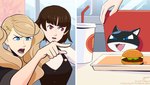 anthro bendy_straw blue_eyes burger chair clothed clothing container cup cute_fangs detailed_background drinking_straw female food furniture gesture group hand_gesture humor male open_mouth pointing red_eyes table tray yelling letitmelo atlus megami_tensei megami_tensei_persona persona_(series) persona_5 sega woman_yelling_at_a_cat ann_takamaki makoto_niijima morgana_(persona) domestic_cat felid feline felis human mammal 2020 hi_res meme redraw signature