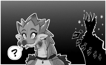 ambiguous_gender anthro collar cute_fangs duo ear_piercing ear_ring eyebrows fangs female feral glowing glowing_eyes horn humanoid_pointy_ears menacing_shadow menacing_silhouette piercing pointy_ears question_mark ring_piercing scales shadow sharp_teeth silhouette smile solo sound_effects spikes spikes_(anatomy) teeth alyrise capcom menacing_(meme) monster_hunter mythology dragon elder_dragon flying_wyvern malzeno mammal mythological_creature mythological_scalie rath_wyvern rathian reptile scalie 2021 black_and_grey black_and_white greyscale meme monochrome signature