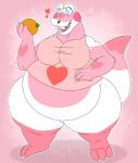 3_fingers 3_toes anthro anthrofied belly big_belly big_breasts biped blue_eyes bottomless breasts clothed clothing dipstick_tail eyelashes feet female fingers food front_view fruit hand_on_belly heart_(marking) heart_eyes heart_symbol holding_food holding_object huge_belly huge_breasts hyper hyper_belly markings multicolored_body multicolored_skin multicolored_tail non-mammal_breasts obese obese_anthro obese_female open_mouth open_smile orange_(fruit) outline overweight overweight_anthro overweight_female pink_background pink_body pink_clothing pink_skin pink_tail pink_topwear plant shadow sharp_teeth shirt simple_background smile snout solo standing tail tail_markings teeth thick_thighs tight_clothing toes topwear two_tone_body two_tone_skin two_tone_tail white_body white_skin white_tail plumpproductions animal_crossing nintendo gayle_(animal_crossing) alligator alligatorid crocodilian reptile scalie 2017 digital_drawing_(artwork) digital_media_(artwork) full-length_portrait hi_res pink_theme portrait