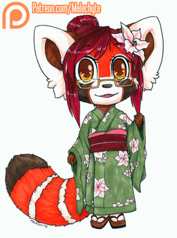 accessory anthro asian_clothing biped black_markings black_nose chibi clothed clothing dipstick_tail east_asian_clothing eyebrows eyewear female flower flower_in_hair footwear front_view glasses green_eyes hair hair_accessory hair_bun japanese_clothing kimono looking_at_viewer markings open_mouth open_smile plant red_hair ring_(marking) ringed_tail sandals shoes simple_background smile solo standing striped_markings striped_tail stripes tail tail_markings teeth tongue white_background white_eyes white_markings young young_anthro young_female malachyte kazu ailurid mammal red_panda 2016 traditional_media_(artwork)