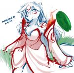 2017 adobe_photoshop_(artwork) anthro breasts canid canine canis capcom chest_tuft cleavage clothed clothing clover_studio conditional_dnp digital_media_(artwork) dress facial_markings female fire fur hair head_markings keidran leaf long_hair mammal markings okami_(capcom) raine_silverlock restricted_palette robe simple_background sketch smile solo tom_fischbach tuft twokinds white_background wolf