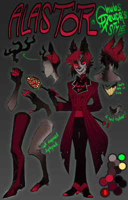 anthro antlers chubs_deuce clothing holding_object holding_staff hooves horn male red_clothing red_eyes red_fingers smile solo staff standing tail hazbin_hotel hellaverse alastor_(hazbin_hotel) cervine deer mammal hi_res model_sheet