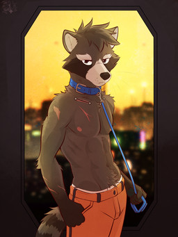 5_fingers abs anthro athletic athletic_male black_nose bottomwear brown_body brown_fur clothed clothing collar cybernetics fingers fur humanoid_hands leash leashed_collar machine male navel nipples pants solo topless topless_anthro topless_male wearing_collar ventkazemaru guardians_of_the_galaxy marvel rocket_raccoon mammal procyonid raccoon hi_res
