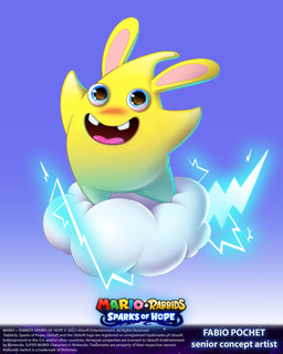 ambiguous_gender blue_background blue_eyes blush buckteeth cloud copyright_symbol electricity featureless_crotch featureless_limbs gradient_background light long_ears looking_at_viewer no_eyebrows noseless nude_ambiguous open_mouth open_smile pink_tongue simple_background smile smiling_at_viewer solo standing standing_on_cloud symbol tan_inner_ear teeth text title tongue year yellow_body yellow_skin fabio_pochet mario_bros mario_plus_rabbids_sparks_of_hope nintendo raving_rabbids rayman_(series) ubisoft electrogeddon spark_(mario_plus_rabbids) 2022 4:5 absurd_res artist_name colored crossover digital_drawing_(artwork) digital_media_(artwork) english_description english_text full-length_portrait hi_res lighting official_art portrait shaded