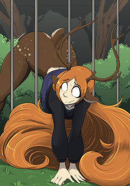 all_fours antlers arm_support ass_up bodily_fluids bottomless brown_body brown_fur butt clothed clothing female fence forward_arm_support freckled_face freckles fur grass hair horn light_body light_skin long_hair looking_back markings multicolored_body multicolored_fur nervous on_grass on_ground orange_eyes orange_hair outside plant scut_tail short_tail shrub solo spots spotted_body spotted_fur spotted_markings stuck sweat sweatdrop sweater sweater_only tail topwear topwear_only trapped two_tone_body two_tone_fur vale-city freya_agalith animal_humanoid deer deer_humanoid faun humanoid mammal mammal_humanoid satyr 2025 absurd_res digital_media_(artwork) hi_res