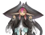 5_fingers accessory black_clothing black_robe clothed clothed_female clothed_humanoid clothing dress female female_humanoid fingers hair hair_accessory hairpin hat headgear headwear huge_hat humanoid_pointy_ears long_ears magic_user multicolored_eyes not_furry open_mouth pink_hair pointy_ears robe sharp_teeth simple_background solo teeth white_background white_clothing white_dress witch witch_costume witch_hat tsukushi_akihito witch_(tsukushi_akihito) humanoid unknown_species