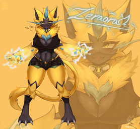 anthro big_breasts breasts female fur green_eyes omnitrix smile solo thick_thighs wide_hips yellow_body yellow_fur shoko_steff ben_10 cartoon_network nintendo pokemon den10 generation_7_pokemon legendary_pokemon pokemon_(species) zeraora absurd_res hi_res