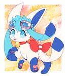 4_fingers 4_toes bell bell_collar blue_eyes blue_hair blush blush_lines bow_ribbon cel_(glaceon) collar eeveelution extyrannomon_(artist) eyewear eyewear_on_head feet female feral fingers generation_4_pokemon glaceon goggles goggles_on_head hair hi_res nintendo pawpads paws pokemon pokemon_(species) simple_background solo toes tongue tongue_out white_body