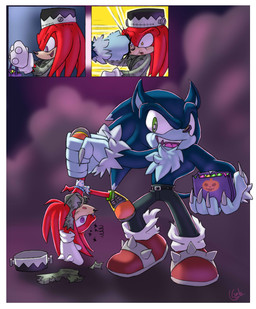 anthro arm_tuft biped black_body black_bottomwear black_clothing black_pants blue_eyes border bottomwear bullying candy chest_tuft claws clothed clothing cosplay costume countershade_face countershading dessert duo face_punch food green_eyes halloween_costume hitting holding_another holding_bag holding_candy holding_food holding_object holidays larger_male legwear looking_at_object looking_at_viewer male open_mouth pants punch red_body sharp_teeth short_tail simple_background size_difference smaller_male stealing tail teeth tongue tuft unconscious white_border wrist_tuft galo halloween sega sonic_the_hedgehog_(series) sonic_unleashed frankenstein's_monster knuckles_the_echidna sonic_the_hedgehog sonic_the_werehog echidna eulipotyphlan hedgehog mammal monotreme werecreature wereeulipotyphlan werehog 2023 absurd_res comic hi_res watermark